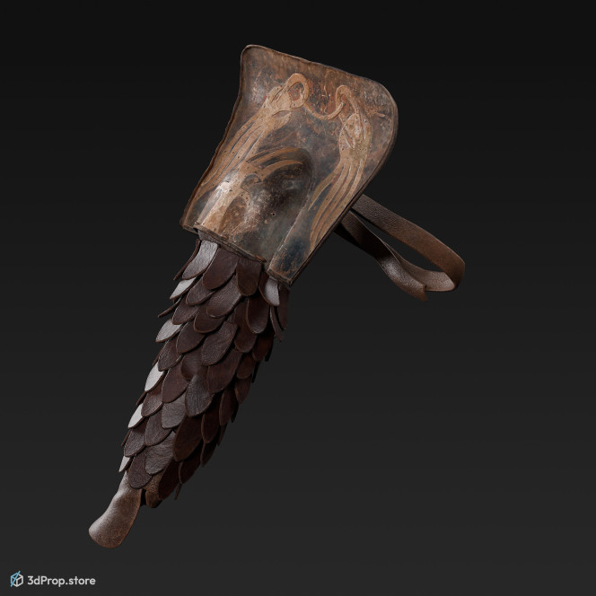 3D scan of a brown leather and metal arm protector from AD 30, Roman Empire, Europe.