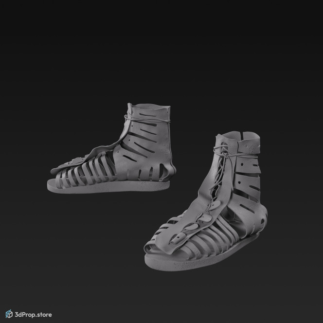 3D model of knee high gladiator sandals, from AD 30, Roman Empire, Europe.