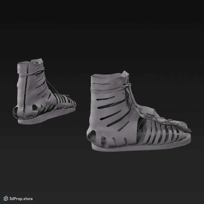 3D model of knee high gladiator sandals, from AD 30, Roman Empire, Europe.