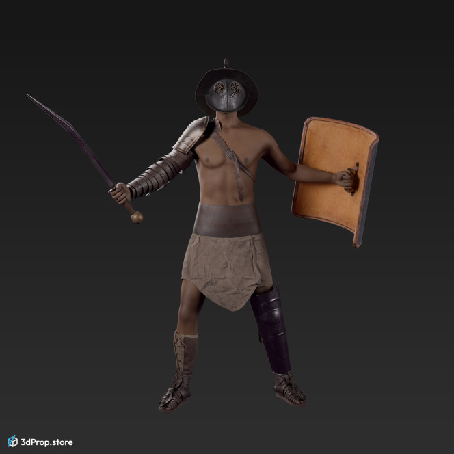 3D model of a Thraex class gladiator man with clothes from AD 30, Roman Empire, Europe.