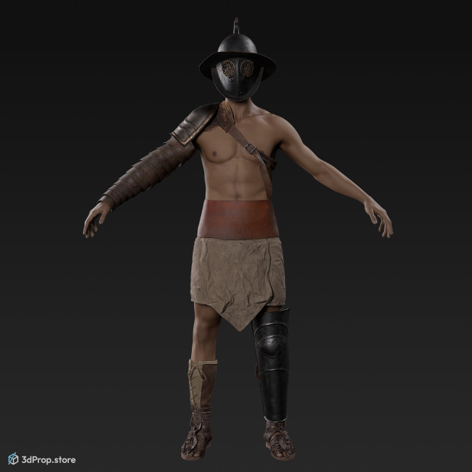 3D model of a Thraex class gladiator  man in an A pose with clothes from AD 30, Roman Empire, Europe.