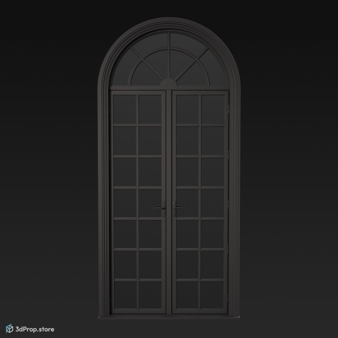 3D model of an arched, high, glass terrace door with white, wooden frame, from 1960, USA.