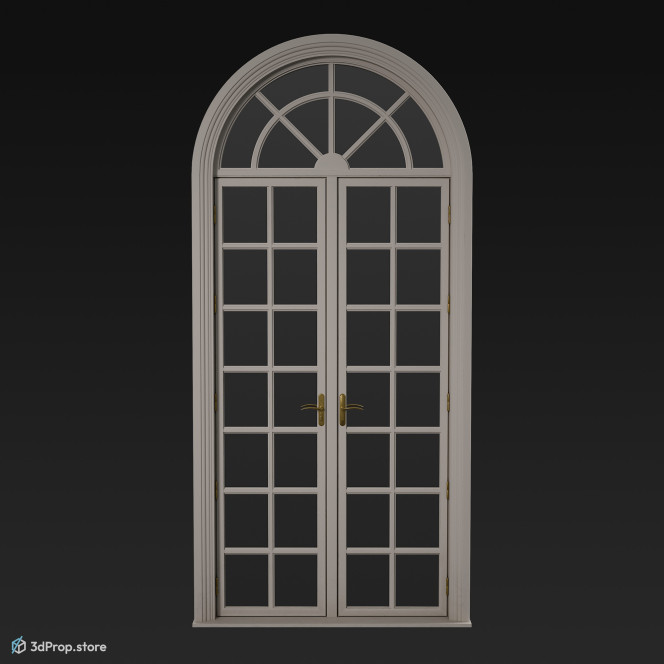 3D model of an arched, high, glass terrace door with white, wooden frame, from 1960, USA.