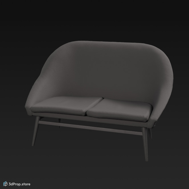 3D model of a red armchair with red textile and wooden legs, from 1960 USA.