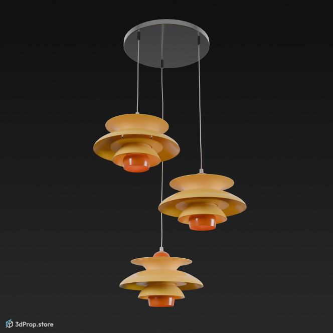 3D model of a yellow, hanging lamp made of metal, plastic and glass, from 1960, USA.