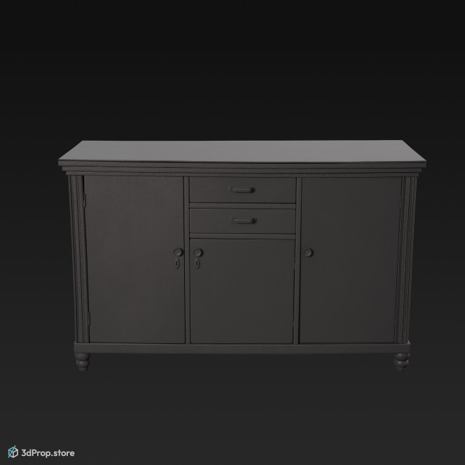 3D model of a blue, wooden kitchen cabinet from 1960.