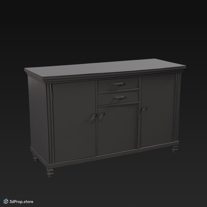 3D model of a blue, wooden kitchen cabinet from 1960.