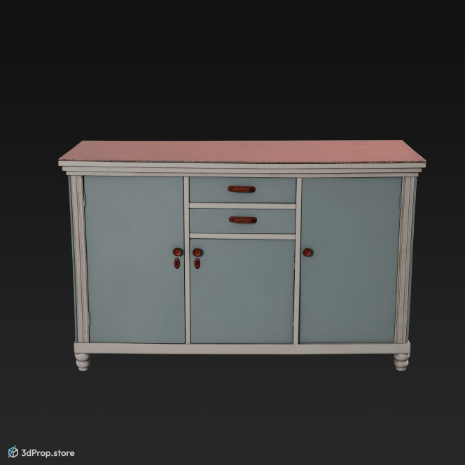 3D model of a blue, wooden kitchen cabinet from 1960.