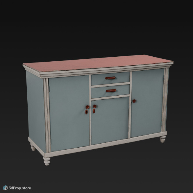 3D model of a blue, wooden kitchen cabinet from 1960.