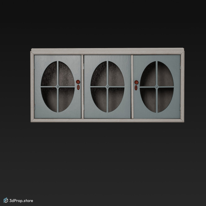 3D model of a wooden, blue kitchen wall cabinet from 1960.