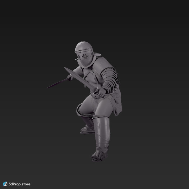3D model of a Provocator gladiator from the AD30,  Ancient  Roman Empire equipped with two swords, standing in a fighting pose.