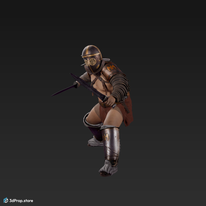 3D model of a Provocator gladiator from the AD30,  Ancient  Roman Empire equipped with two swords, standing in a fighting pose.