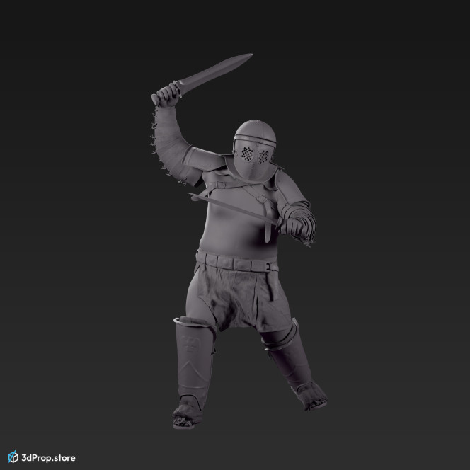 3D model of a Provocator gladiator from the AD30,  Ancient  Roman Empire standing in a dynamic pose, wielding two swords and raising one to attacking with.