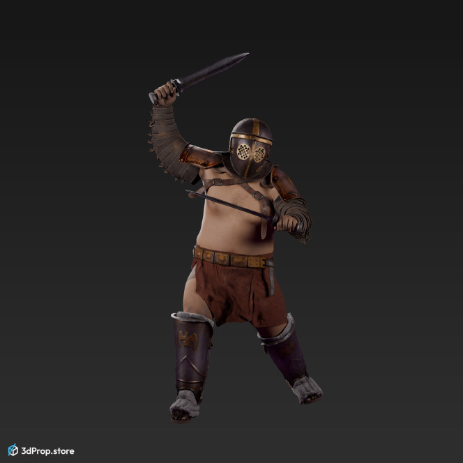 3D model of a Provocator gladiator from the AD30,  Ancient  Roman Empire standing in a dynamic pose, wielding two swords and raising one to attacking with.