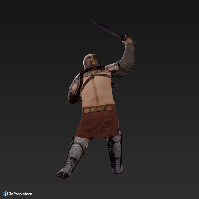 3D model of a Provocator gladiator from the AD30,  Ancient  Roman Empire standing in a dynamic pose, wielding two swords and raising one to attacking with.