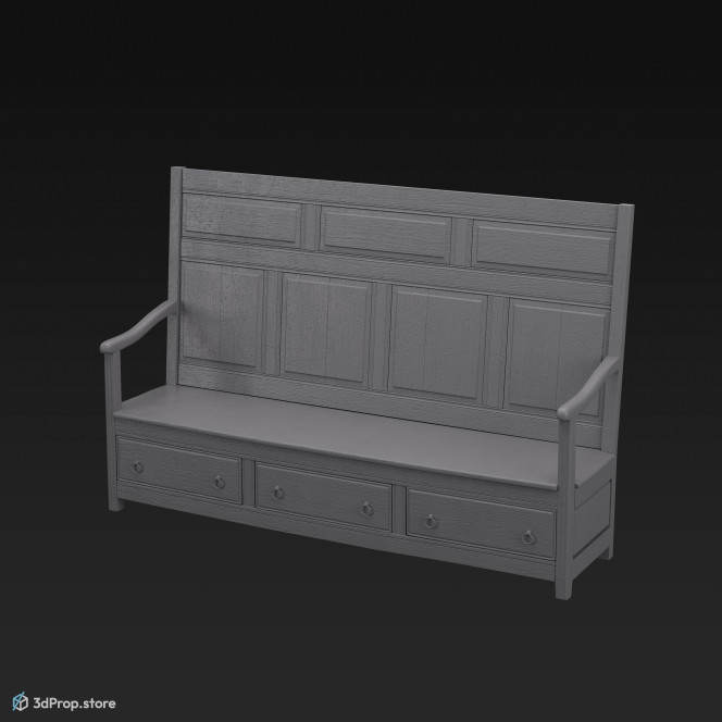 3d model of a an oak settle from the  mid 18th century.