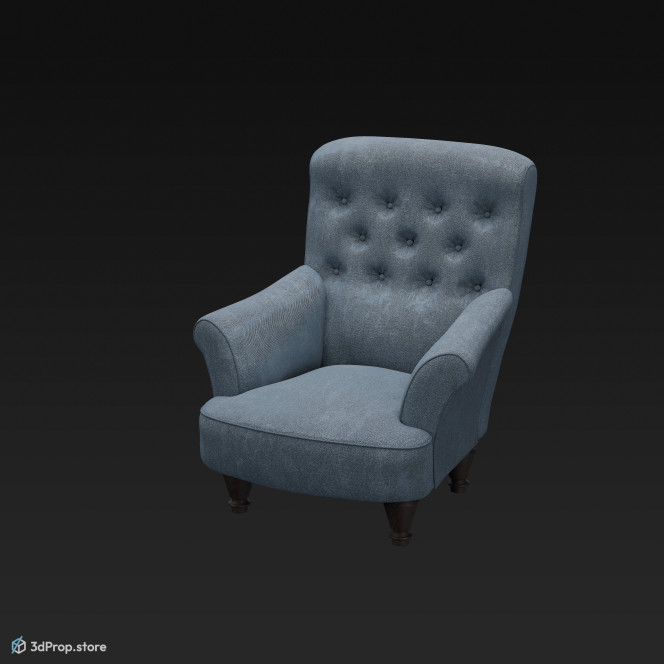 This is a 3D model of an old blue armchair.