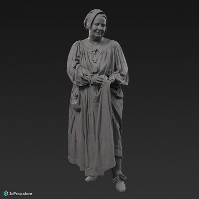 3D scan of a standing woman in a linen clothing, that was typical in the 1650s Europe among low class women.