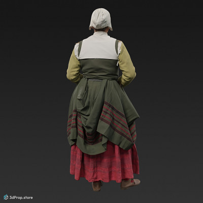 3D scan of a standing woman in a linen clothing, that was typical in the 1650s Europe among low class women.