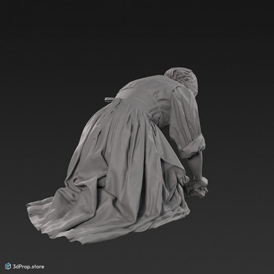 3D scan of a woman scrubbing the floor in a linen clothing. Her costume is typical of the 1650s Netherlands servants.