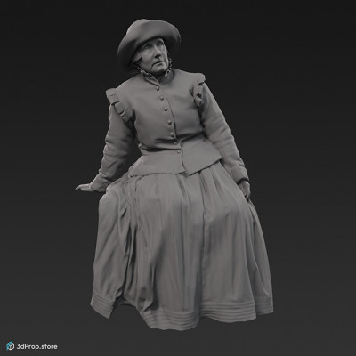 3D scan of a woman sitting. Her costume is typical of low class women from the 1650s Netherlands.