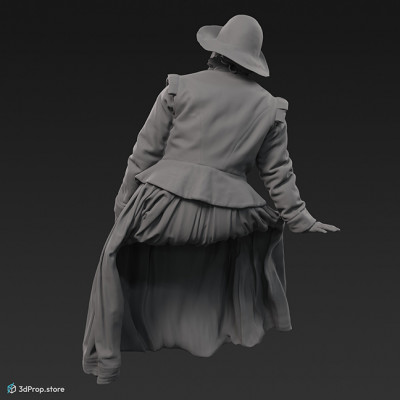 3D scan of a woman sitting. Her costume is typical of low class women from the 1650s Netherlands.