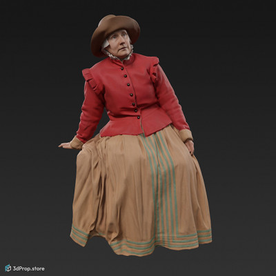 3D scan of a woman sitting. Her costume is typical of low class women from the 1650s Netherlands.