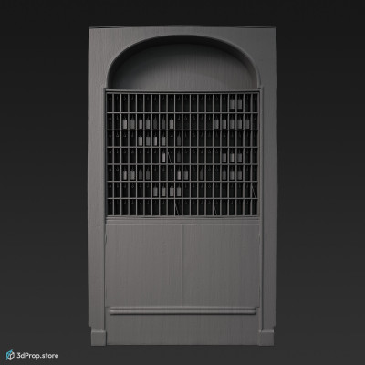 3D scan of an old-fashioned, dark brown, wooden reception key shelf, with lots of small shelves for keys and documents at the top half, and a storage area with a door at the bottom half of the cabinet, from 1900,  Europe.
