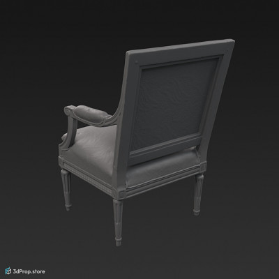 3D scan of a white cushioned chair from the turn of the 20th century, it has green tapestry and white wooden chair frame.