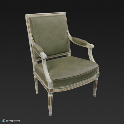 3D scan of a white cushioned chair from the turn of the 20th century, it has green tapestry and white wooden chair frame.
