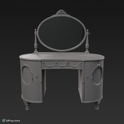 3D scan of a white and green dressing table from the turn of the 20th century, decorated with a mirror and picture inlays of ladies.