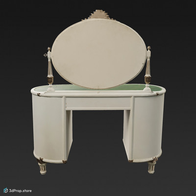 3D scan of a white and green dressing table from the turn of the 20th century, decorated with a mirror and picture inlays of ladies.