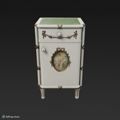 3D scan of a white wooden nightstand, decorated with golden onlays and a picture of a lady, from the turn of the 20th century.