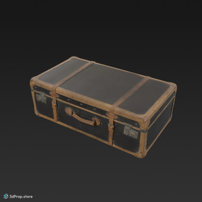 3D scan of a black travel bag, made of leather and wood from the turn of the 20th century.