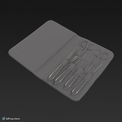 3D scan of a metal care kit for hands, skin and nail, with leather case from 1900, Europe.