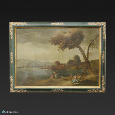 3D scan of an old oil painting with a wooden frame, showing people relaxing under a tree by a lake, with a house and mountains in the distance. It originates from 1900, Europe.