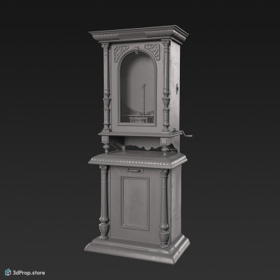 3D scan of a beautiful brown wooden jukebox with thin carved columns and patterned wooden inlays, from 1900, Europe.