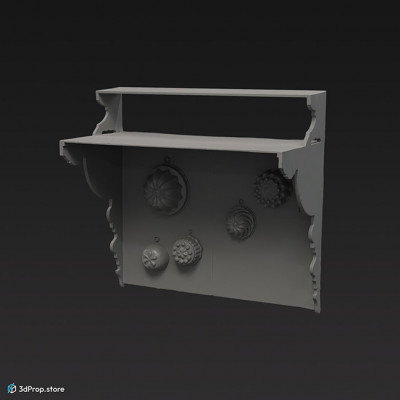 3D scan of a kitchen shelf with baking forms hanging on it.