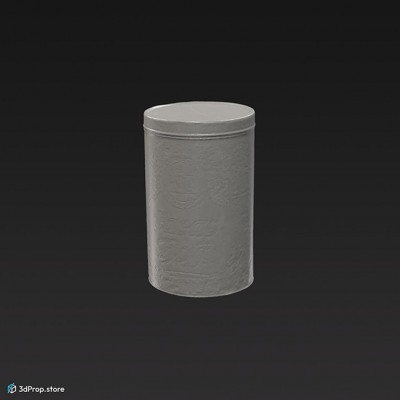 3D scan of a cylindrical cocoa box with decorative cover.