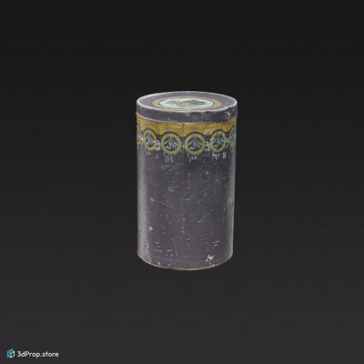 3D scan of a cylindrical cocoa box with decorative cover.