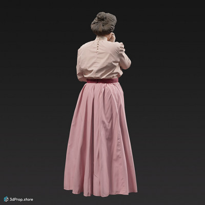 3D scan of an elegant woman in a white-pink dress that suits early 1900s fashion for upper.