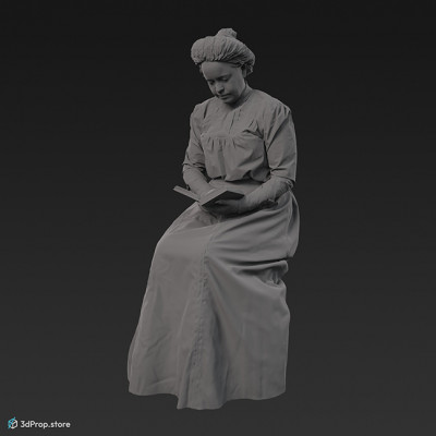 3D scan of an elegant city lady from the turn of the 20th century, wearing a pink cotton dress and lace gloves while sitting and reading.