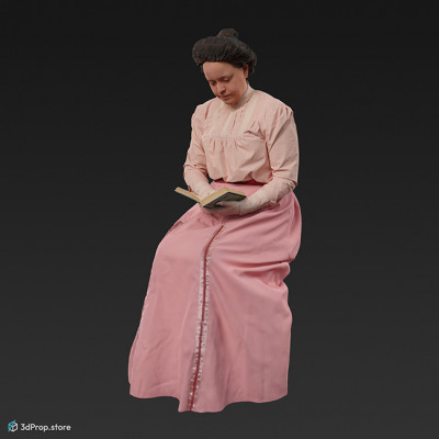 3D scan of an elegant city lady from the turn of the 20th century, wearing a pink cotton dress and lace gloves while sitting and reading.