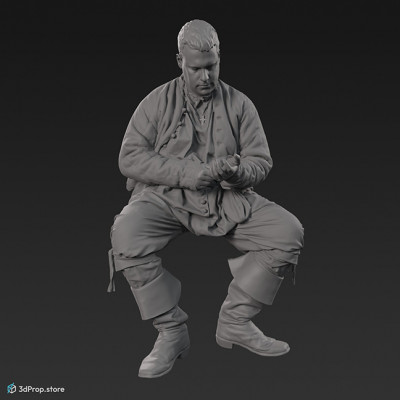 3D scan of a man sitting buttoning his coat sleeve. His costume is typical of middle class men from the 1600s Netherlands.