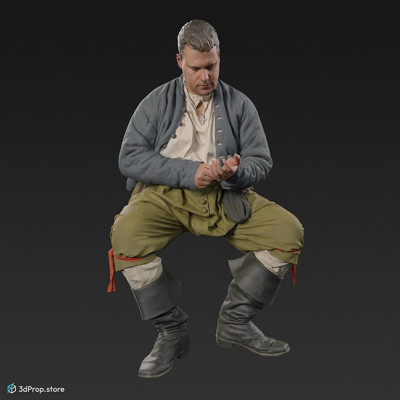 3D scan of a man sitting buttoning his coat sleeve. His costume is typical of middle class men from the 1600s Netherlands.