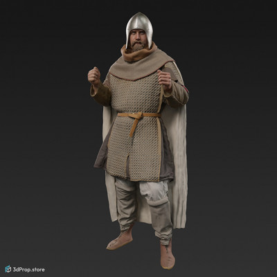 This is a 3D model, (3D scanned) of a medieval soldier in heavy armor in a pose for holding a shield and a meelee weapon, hands empty.