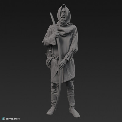 This is a 3D model, (3D scanned) of a middle-class citizen standing with a bow in his hands. He wears clothes typical in the Middle Ages.