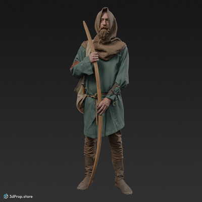 This is a 3D model, (3D scanned) of a middle-class citizen standing with a bow in his hands. He wears clothes typical in the Middle Ages.