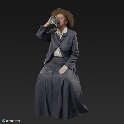 3D scan of a sitting woman, drinking,  wearing typical midclass clothing from the early 1900s.