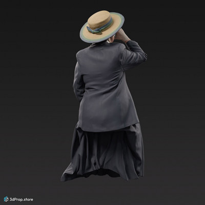 3D scan of a sitting woman, drinking,  wearing typical midclass clothing from the early 1900s.